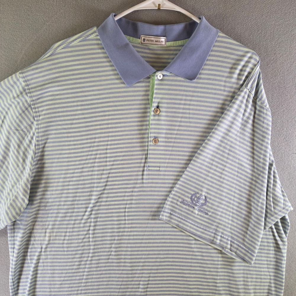 Peter Millar Mens XXL Striped Polo Shirt Green Blue Jefferson Landing Golf Club